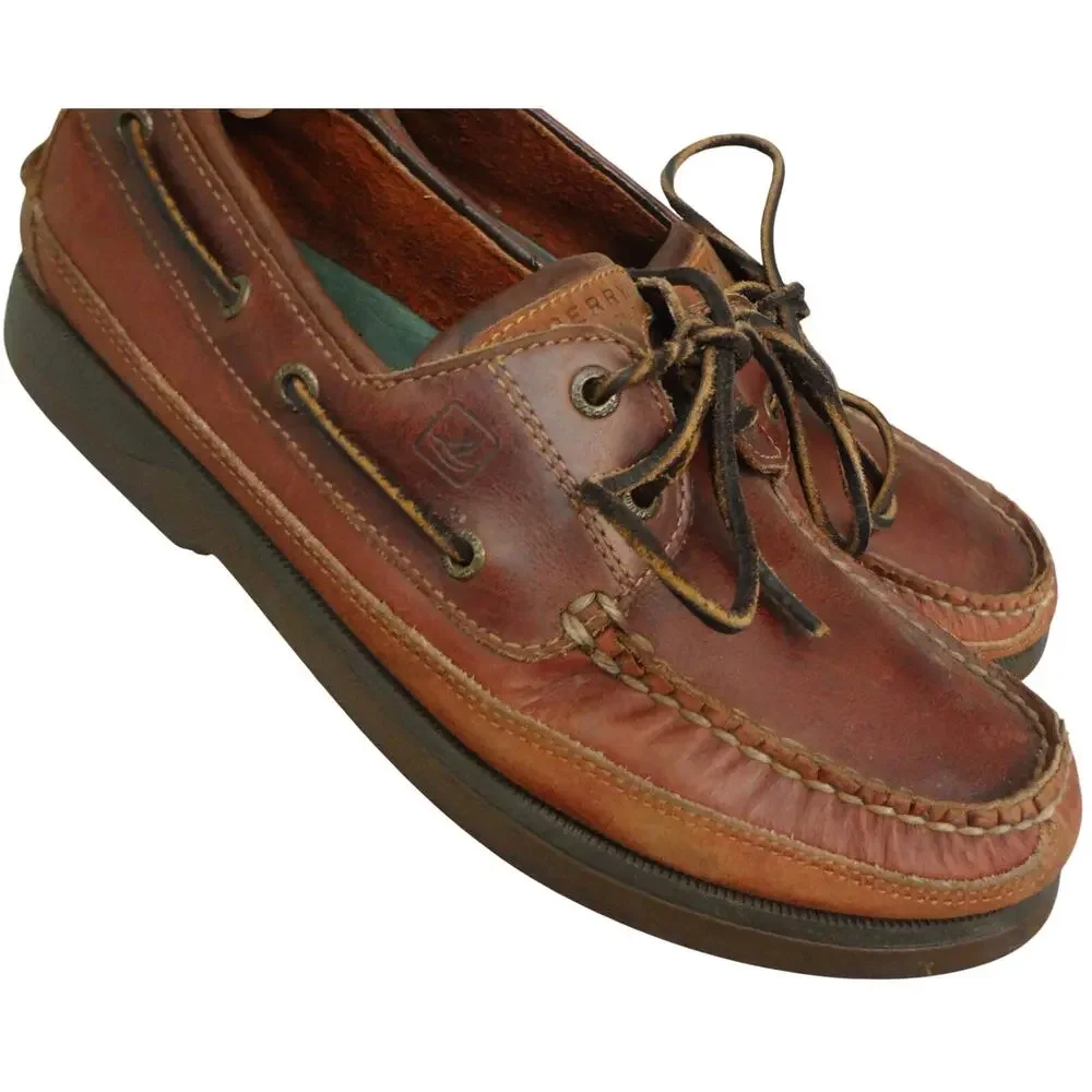 Vintage Sperry Top Sider Mako Brown Leather Loafers Boat Men 10.5 Moc Toe 2 Eye